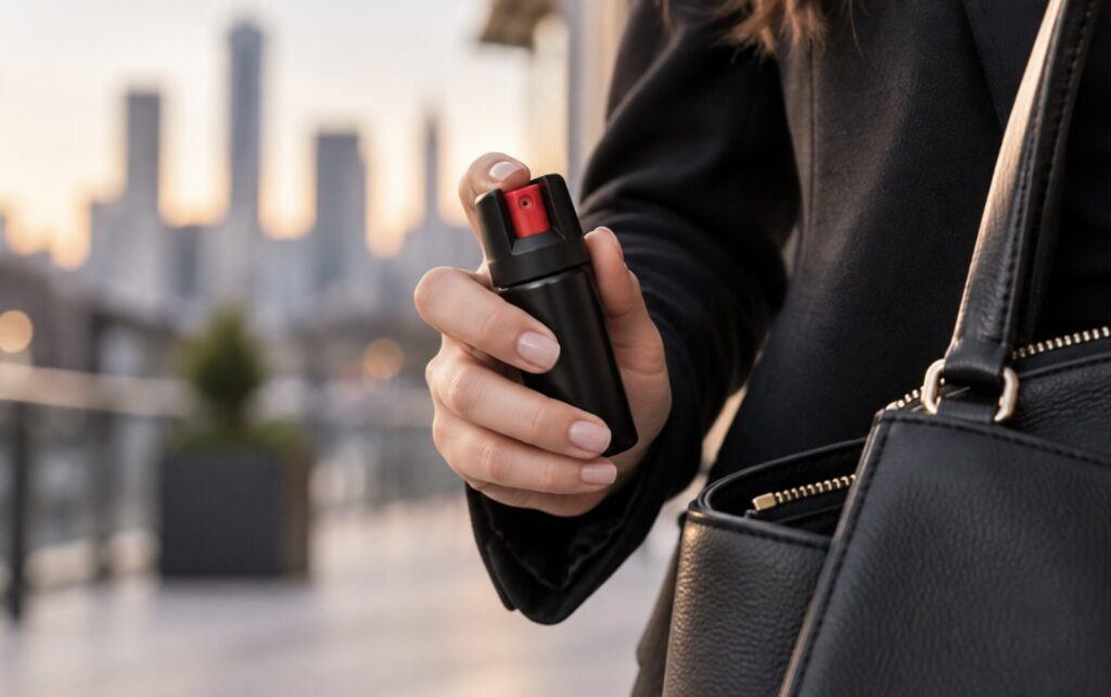 Woman holding a pepper spray canister beside her handbag on a city street, illustrating pepper spray for self-defense and personal safety.