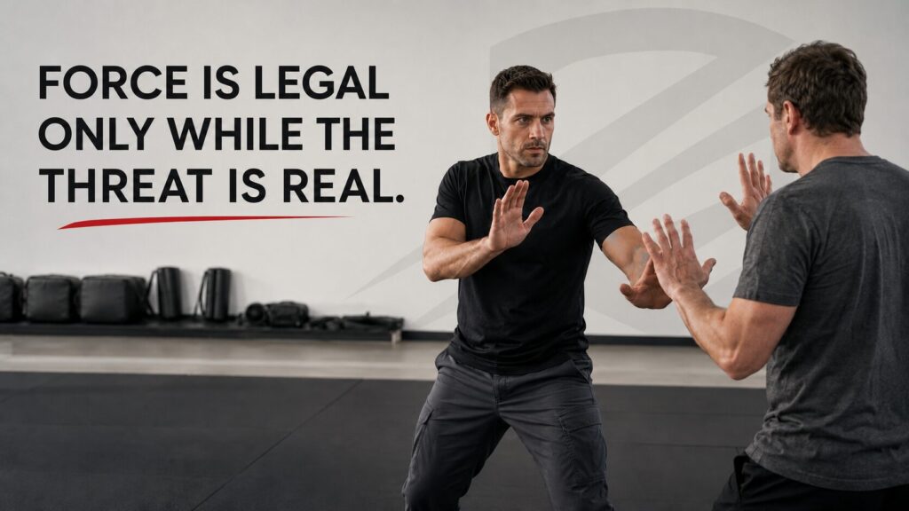 Krav Maga instructor demonstrating self-defense technique with text: Force is legal only while the threat is real