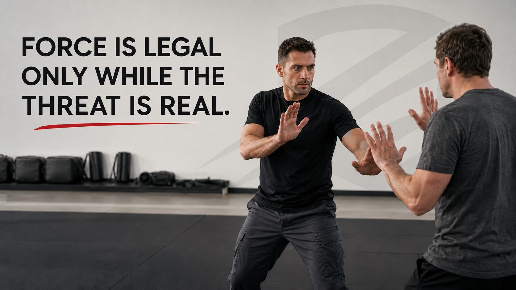 Krav Maga instructor demonstrating self-defense technique with text: Force is legal only while the threat is real