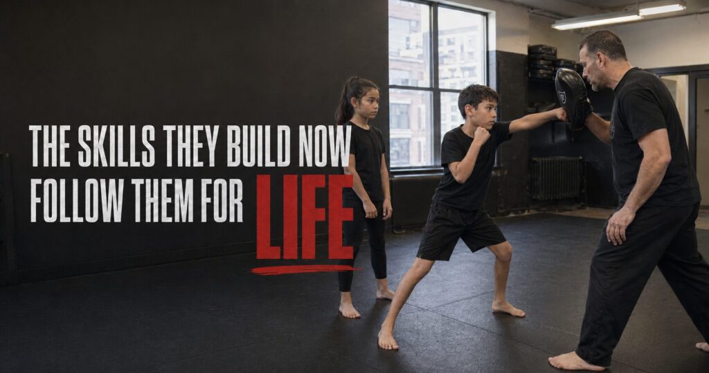 Children practicing martial arts at Krav Maga Experts while developing focus, confidence, self-control, and physical skills.