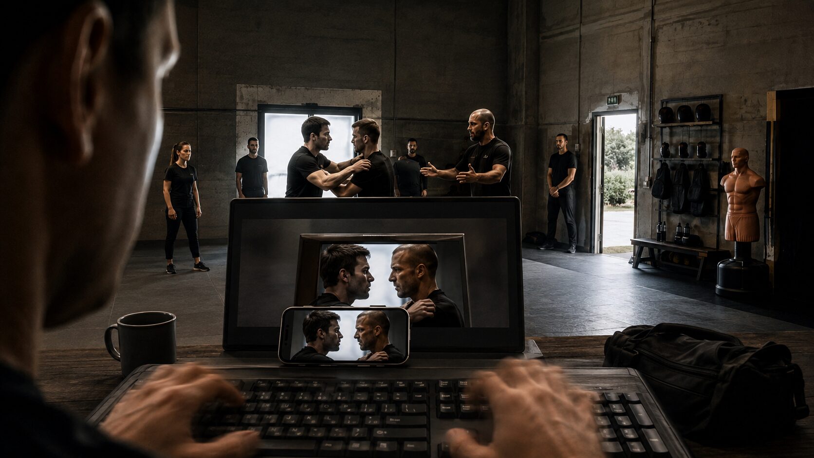 A keyboard warrior judges a cropped Krav Maga training clip while the full room shows the missing context.