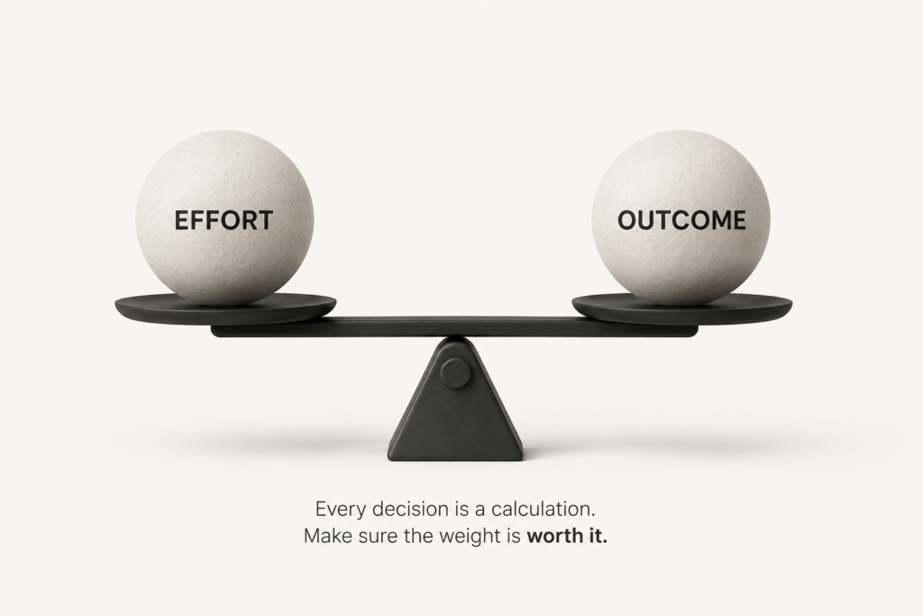 Balance scale weighing effort against outcome, representing persistence and knowing when to walk away from a goal.