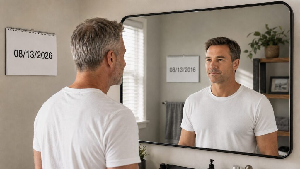 A 50-year-old man looks into a mirror and sees himself ten years younger and fitter.