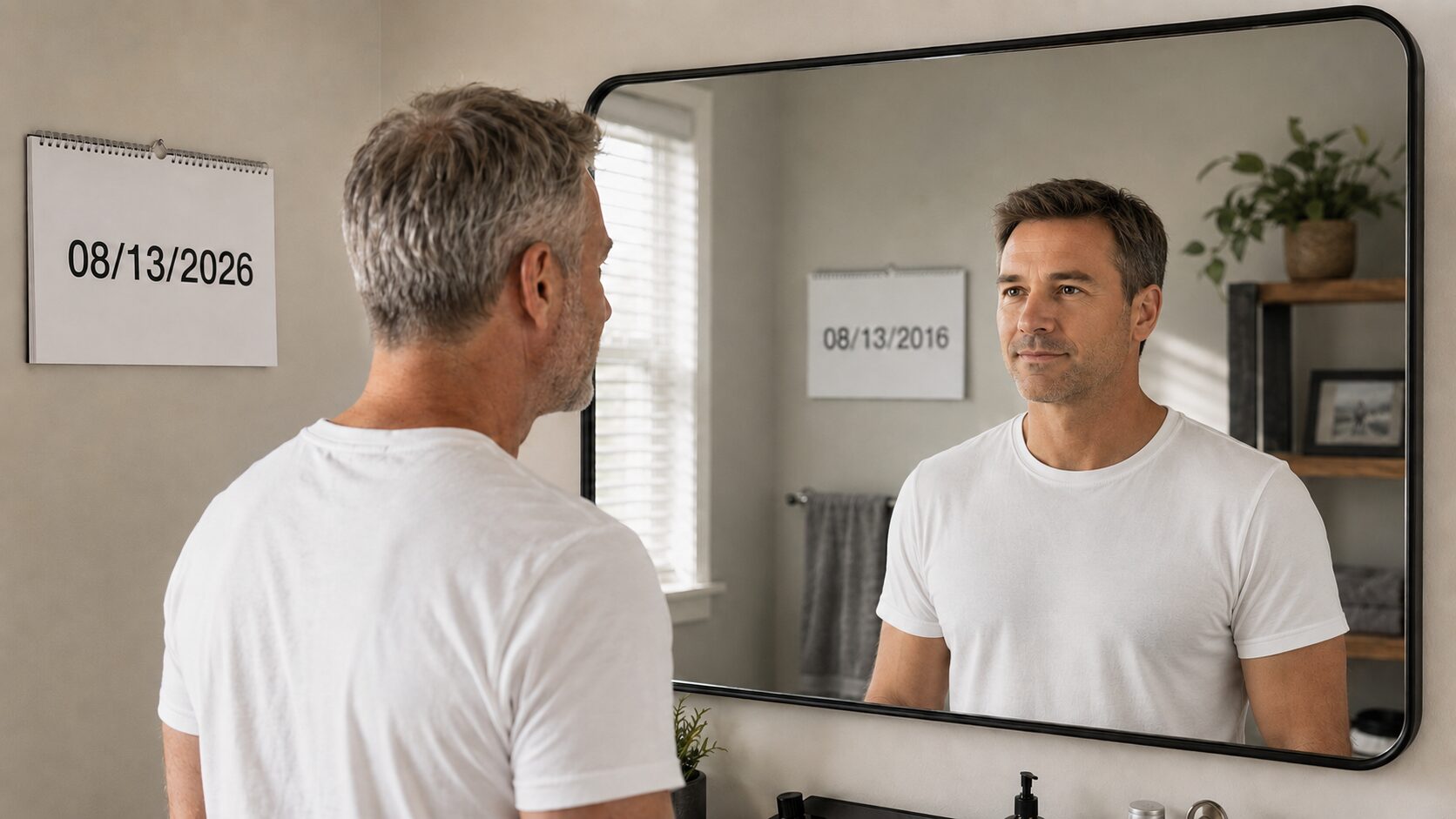 A 50-year-old man looks into a mirror and sees himself ten years younger and fitter.
