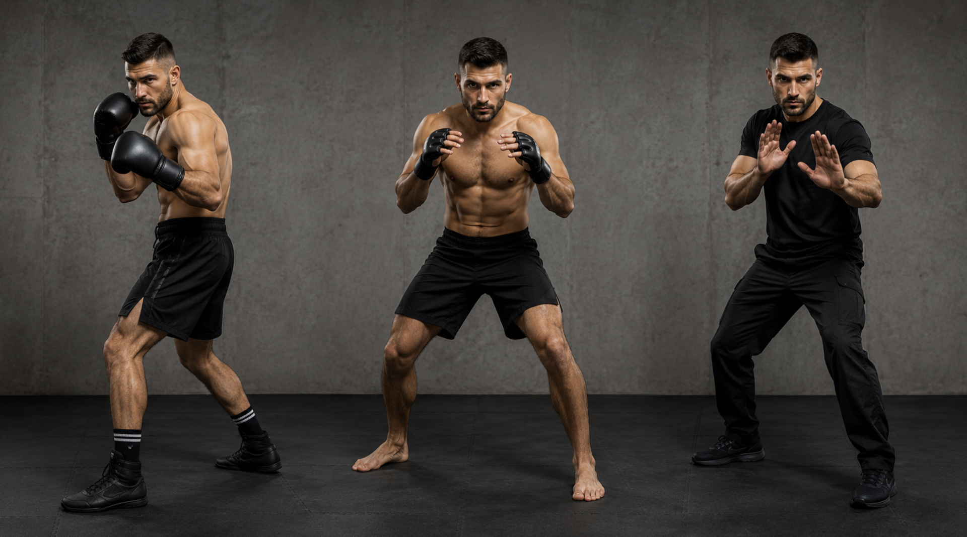 Three fighters demonstrate distinct boxing, MMA and Krav Maga fighting stances, showing differences in guard, body position and foot placement.
