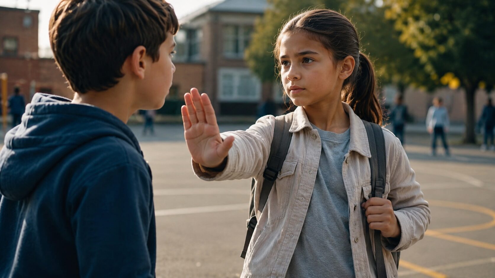 Girl setting a clear physical boundary with another child during a schoolyard interaction