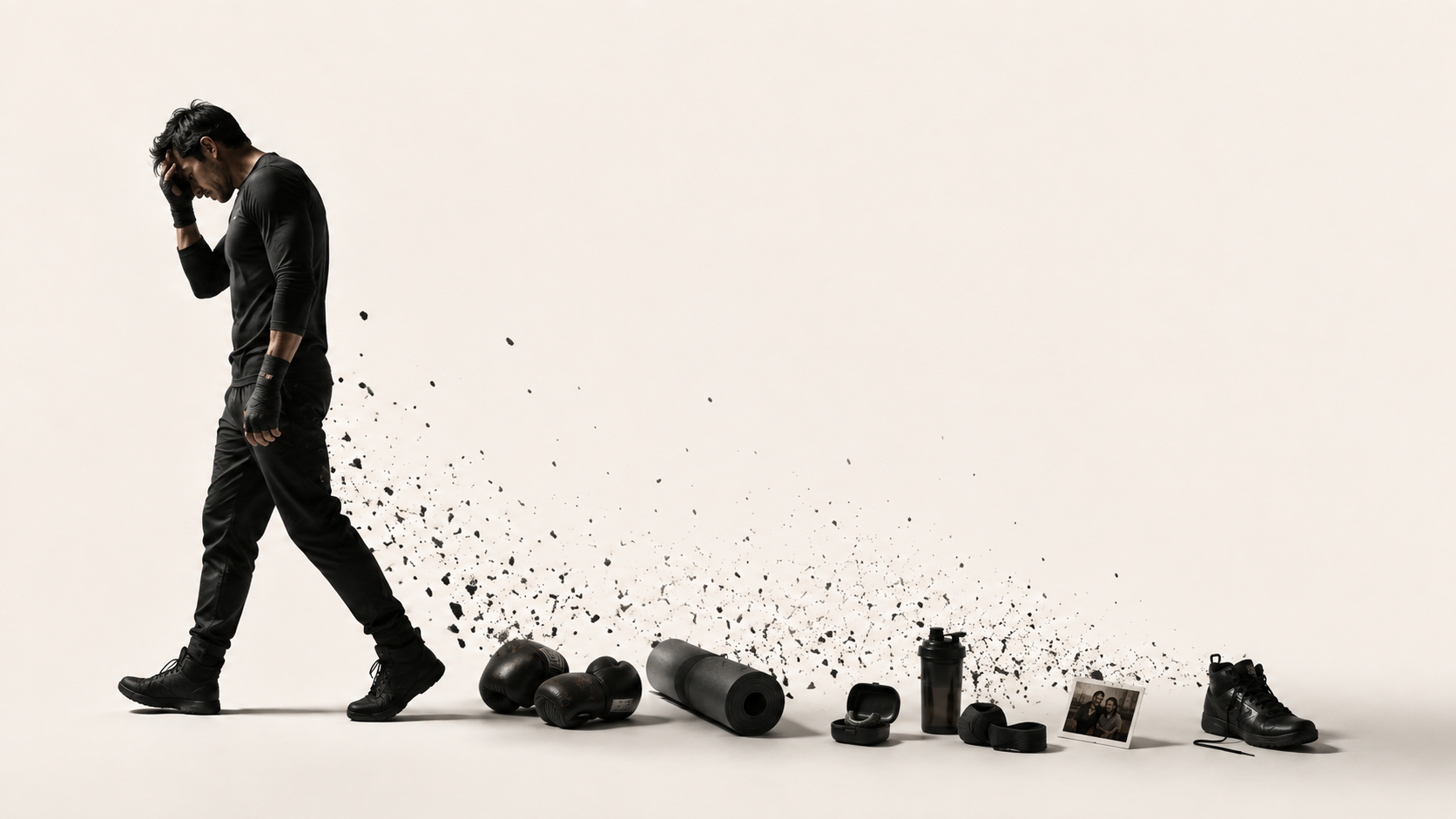 Krav Maga student under stress walking away from his training gear and boxing gloves.