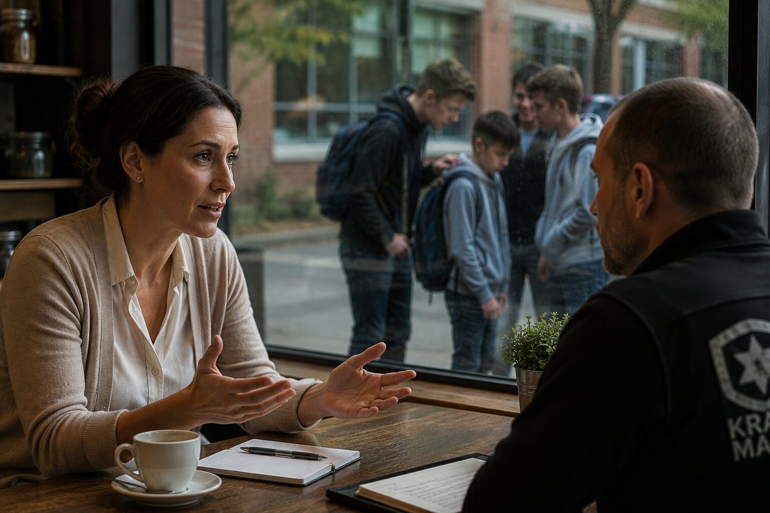 Mother discussing nonviolence with a self-defense instructor while, through the café window behind her, her son is being intimidated by older boys outside school.