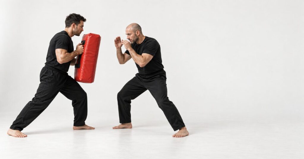 Two Krav Maga practitioners in a controlled pressure drill, one driving forward with a red strike shield while the other holds a balanced guard