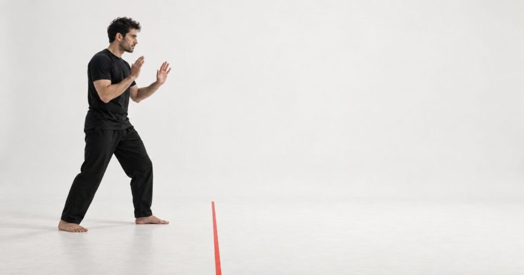 Krav Maga practitioner in a calm ready stance with open hands raised, keeping distance from a red line on a white studio floor