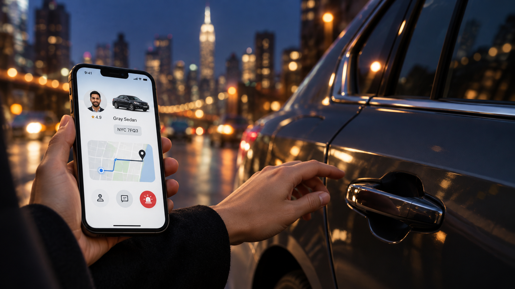 Passenger checking rideshare driver and vehicle details before entering a car in New York City