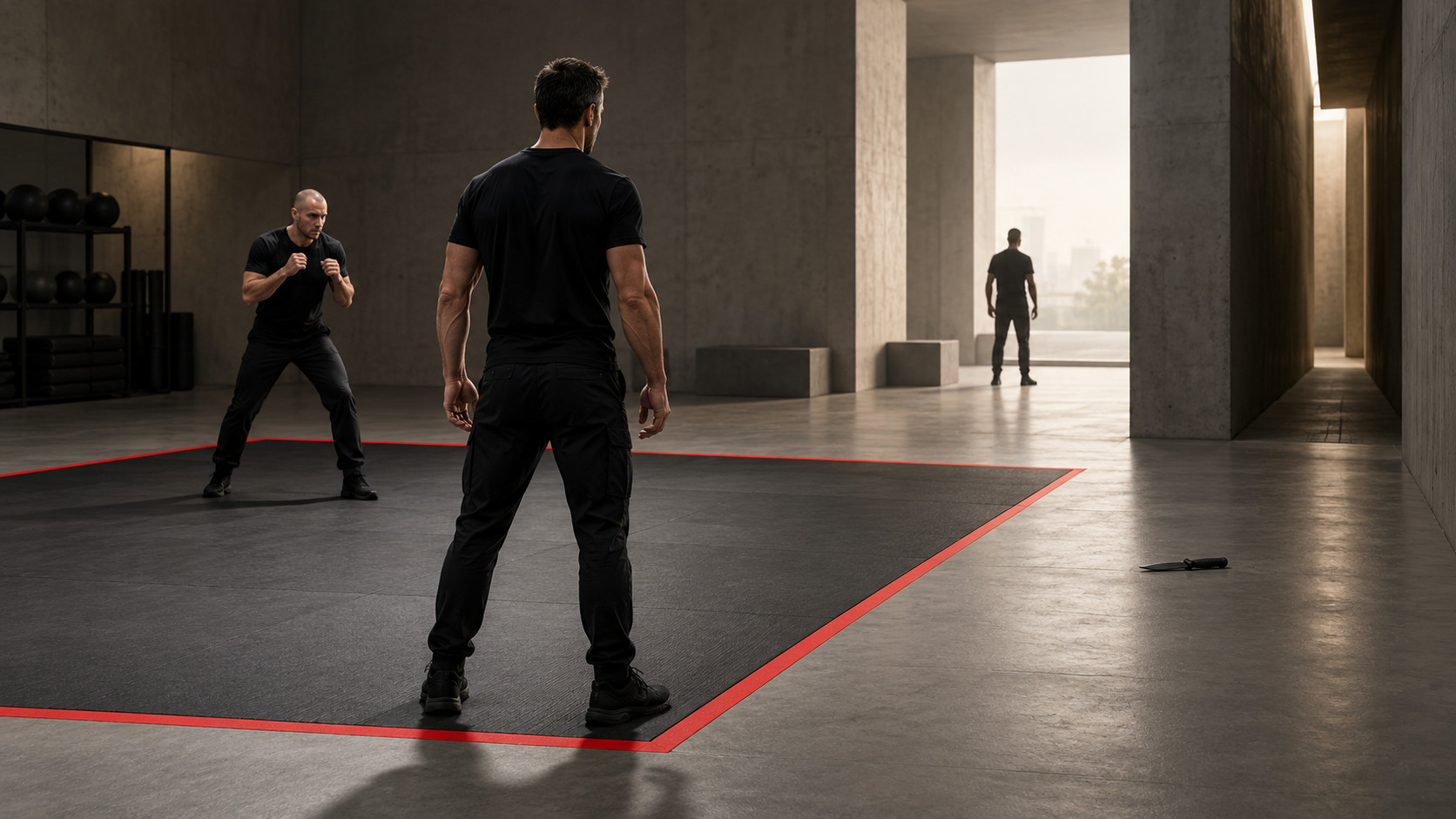 Experienced fighter standing at the edge of a controlled training mat as additional threats and an exit appear beyond it.