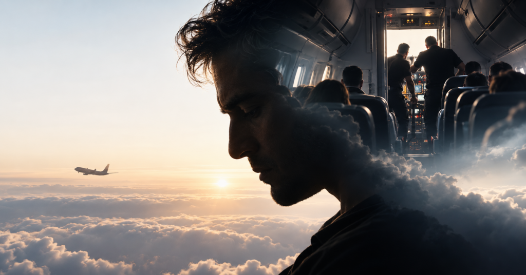 Double-exposure illustration of a man's profile over an airliner cabin as passengers move toward the open cockpit door above the clouds