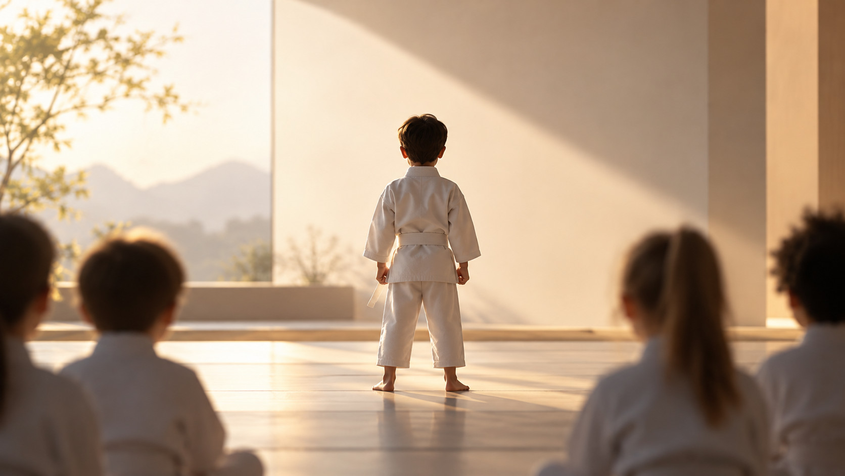 A young martial arts student stands confidently in front of classmates, showing how children develop confidence and recognition through martial arts.