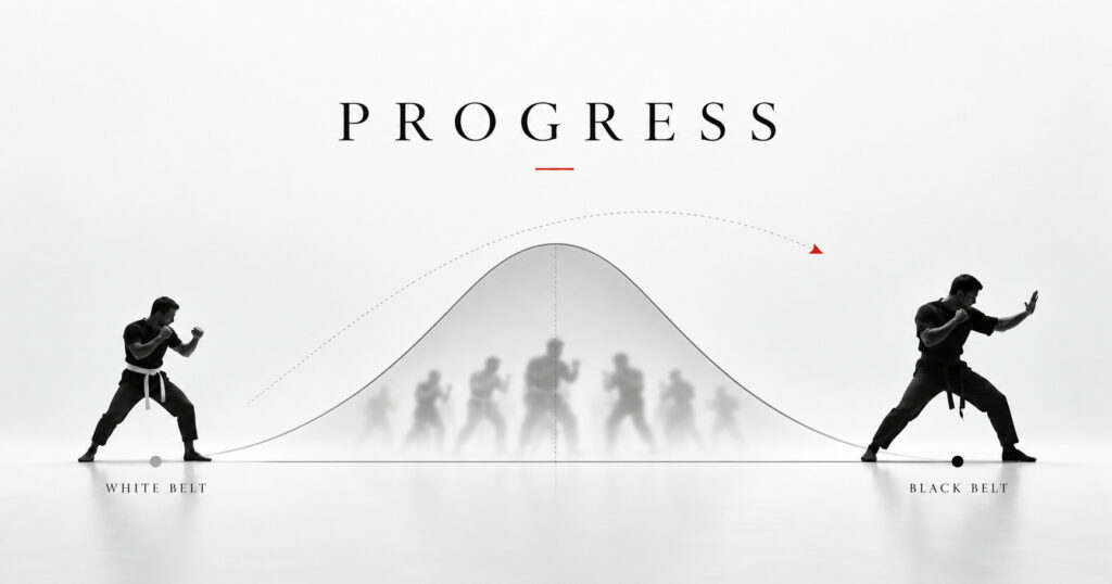 Krav Maga practitioners wearing white and black belts stand beside a bell curve illustrating differences in student performance and progress.